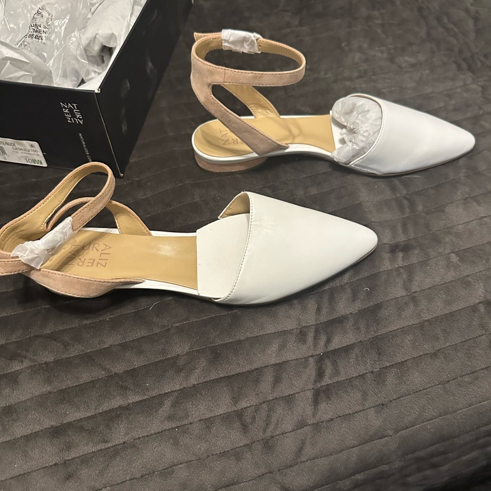 Naturalizer White and Tan Flats with Ankle Strap